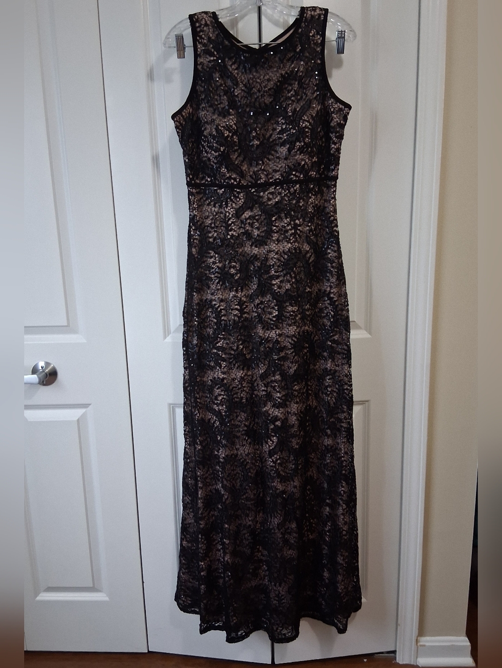 R & M Richards Black Lace Maxi Dress with Nude Underlay